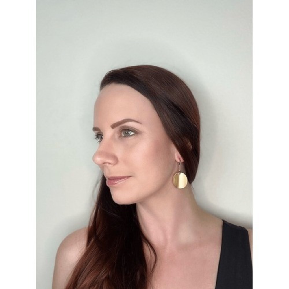 Gold Tone Curved Disk Hoop Drop Earrings Satin Finish